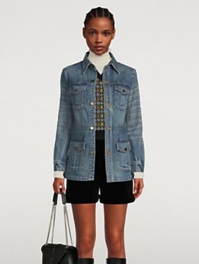 Y2K Vintage Liz Claiborne Light Blue Military Denim Jacket Pointed Collar SZ S